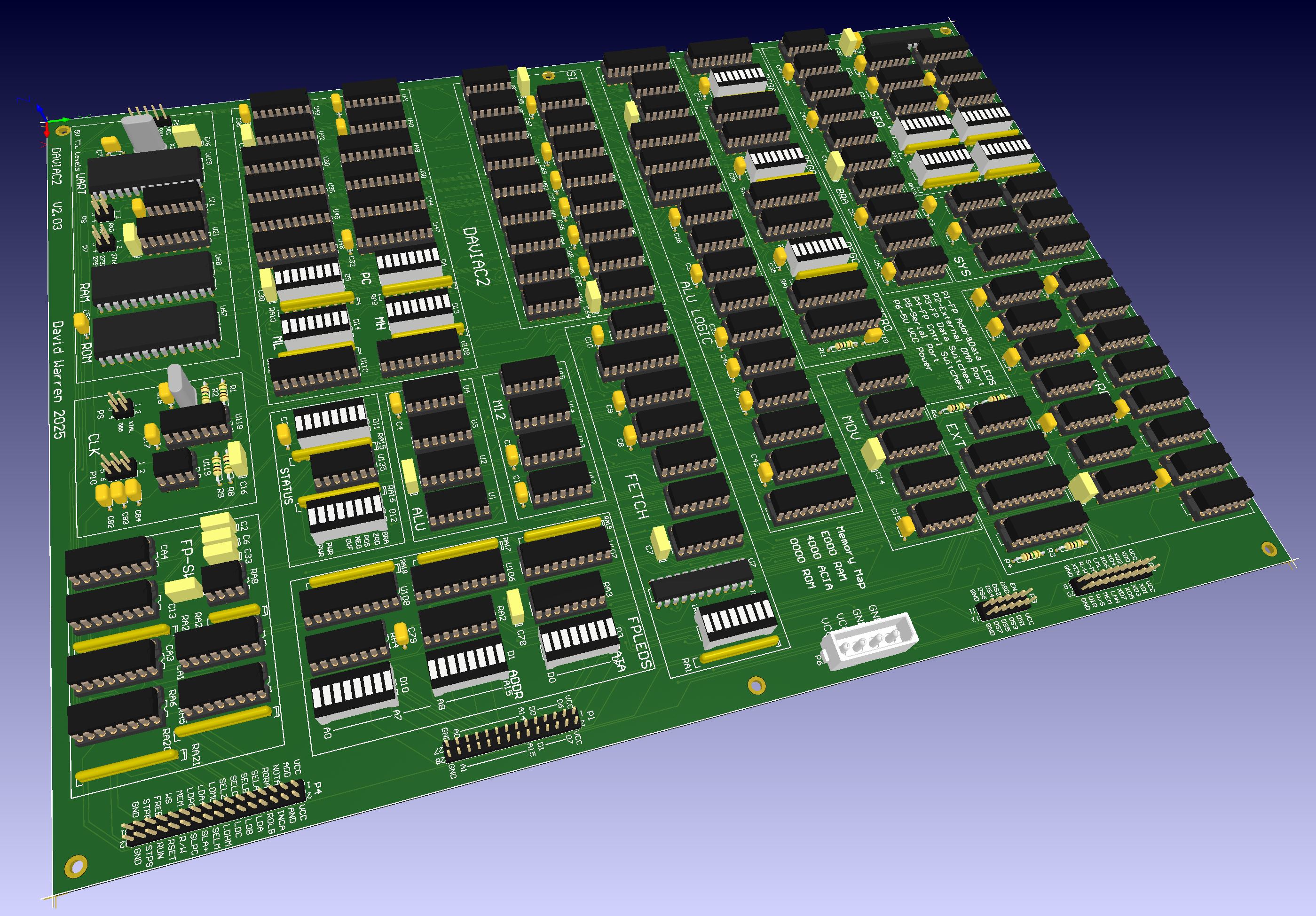 The DAVIAC2 PCB rendered with components in green and gold with white silkscreen in a 3d isometric-ish view