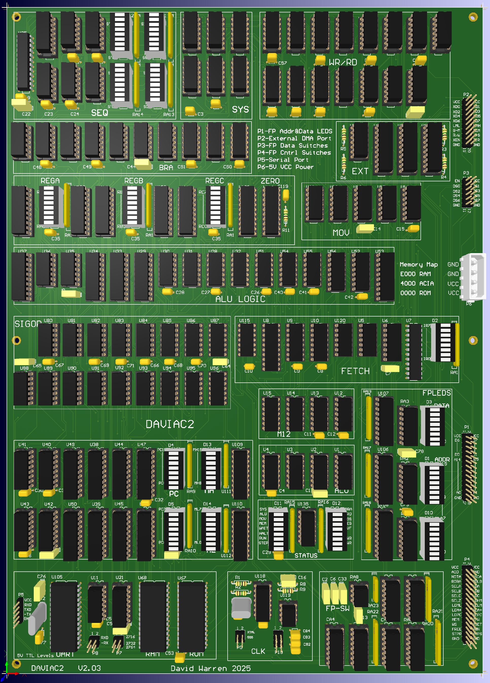 The DAVIC2 PCB rendered with componenets in green and gold with white silkscreen